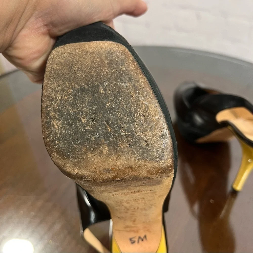 YSL Patent & Calf Leather peep toe sling back pumps 37 GUC sexy chic vintage